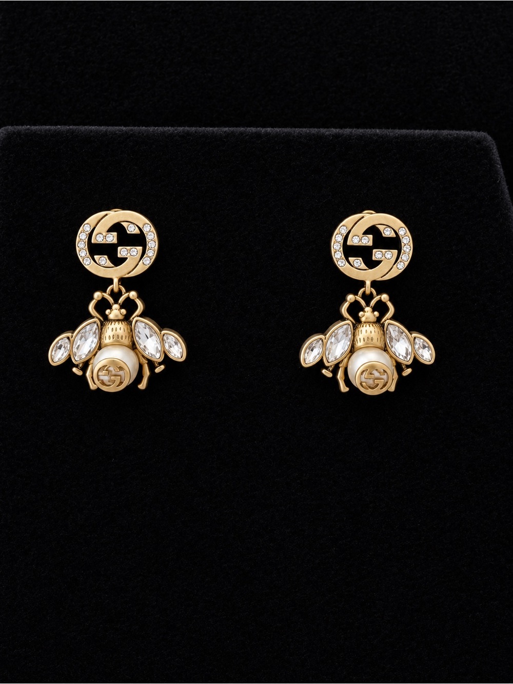 Gucci Gold and Crystal Bee Drop Earrings